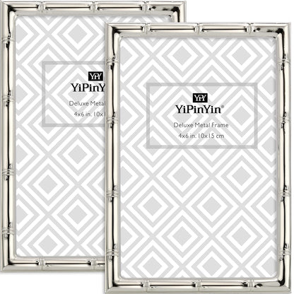 4x6'' Bamboo Detail Double Photo Frames,Silver 6x4'' Double Metal Picture Frames,Elegant Silver Plated Photo Frames 4 x 6'' With Soft Touch Velvet Backing and Real Glass for Desktop and Shelf Decor