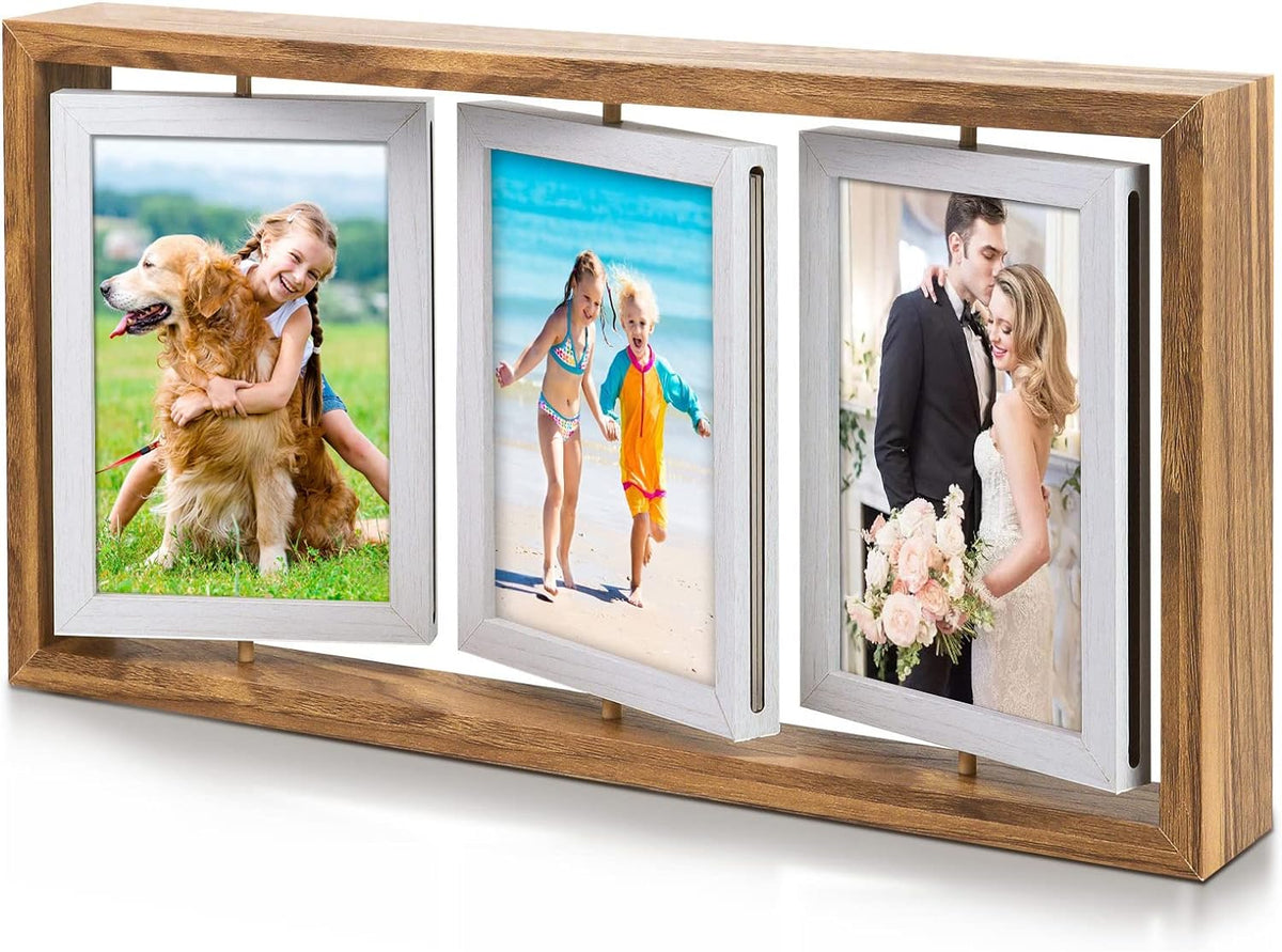 ZEEYUAN 4x6 Rotating Picture Frame Desktop Rustic 4x6in Wooden Photo Frames, Double Side-Display 6 Photos, Floating 4x6 Collage Family PictureFrame for Tabletop Display