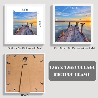 Hongkee 12x12 White Picture Frames Set of 3, Real Glass, Wood Frame,Mat 8x8