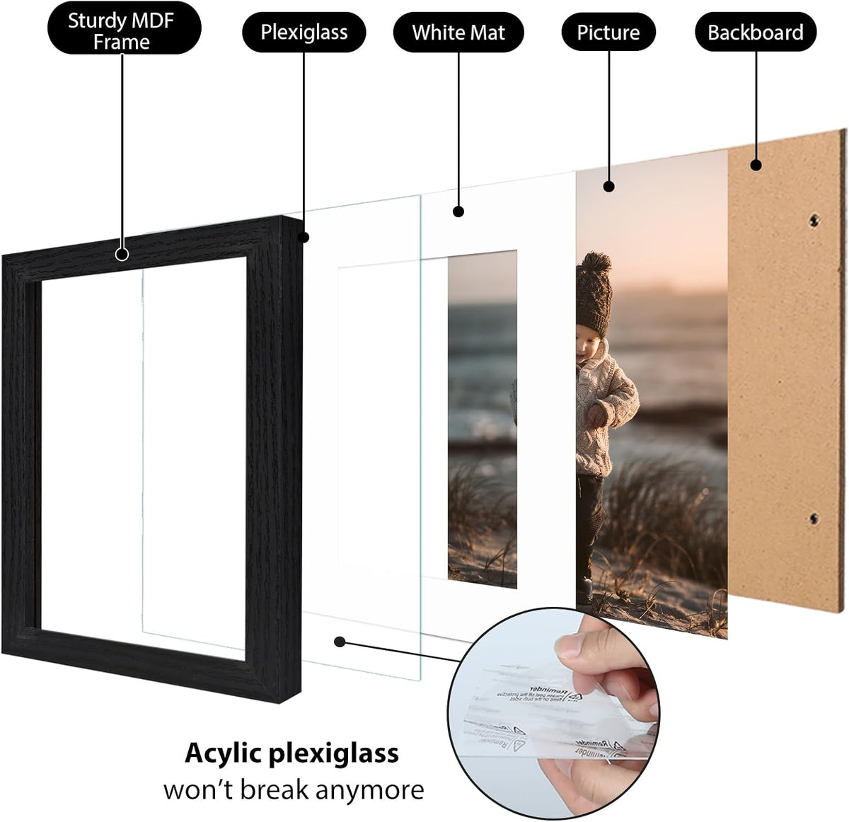 KINLINK 5x7 Picture Frames, Mix Color Photo Frames with Plexiglass for Picture 4x6 with Mat or 5x7 without Mat, Composite Wood Picture Frames for Table Top and Wall Mounting, Set of 4