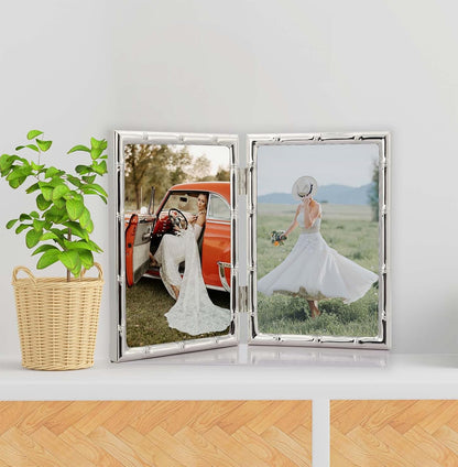 4x6'' Bamboo Detail Double Photo Frames,Silver 6x4'' Double Metal Picture Frames,Elegant Silver Plated Photo Frames 4 x 6'' With Soft Touch Velvet Backing and Real Glass for Desktop and Shelf Decor