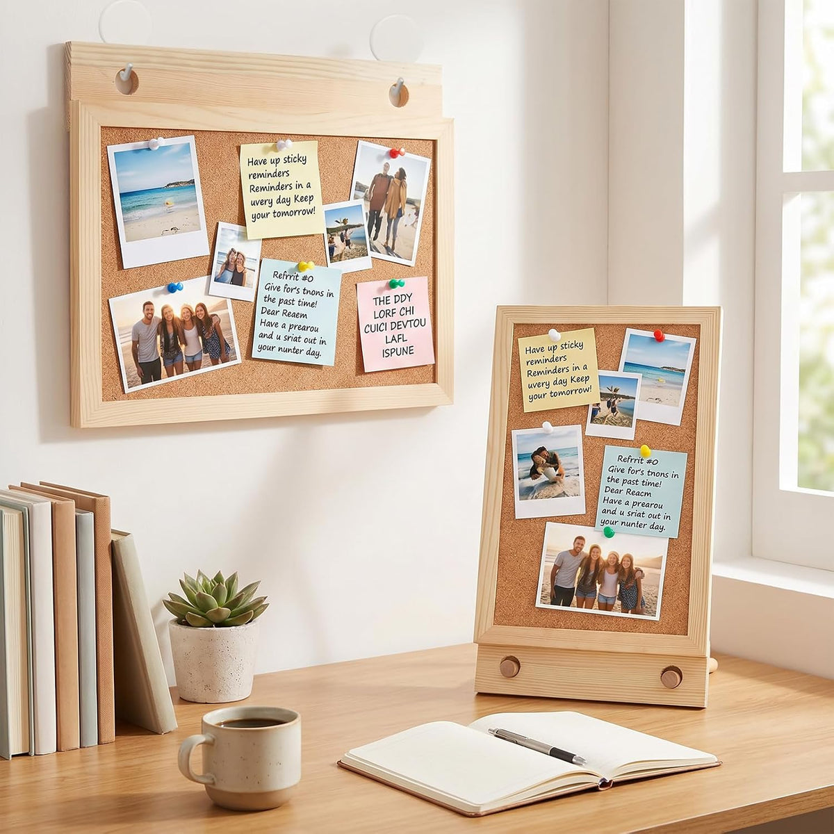 2 Pcs Wood Frame Bulletin Board, Desktop Cork Board with 12 Push Pins