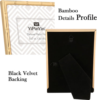 6x8''Bamboo Detail Dark Gold Metal Picture Frame 2pack,With Acid Frame Mount for 4x6'',Elegant Gold Plated Baby Nurse Photo Frames 6x8''With Soft Touch Velvet Backing for Desktop and Wall Décor