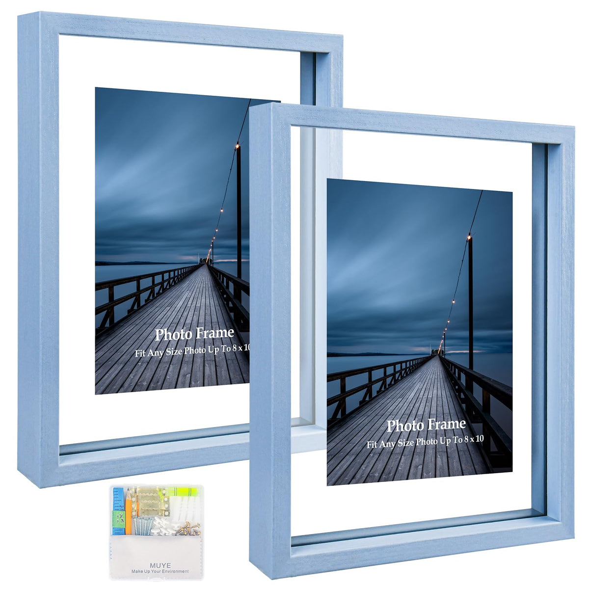 MUYE 5x7 Floating Frame Set of 2,Double Glass Rustic Photo Frame for Wall Hanging or Tabletop Standing,Also Display 4x6 or 3x5 Photo for Floating Effect,Natural