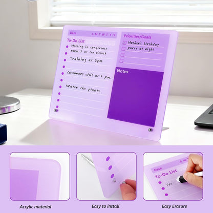 Purple Acrylic Dry Erase Board 12x10 inch, Thickened Desktop to Do List Planner Board with Stand and Markers,Frameless Tabletop Purple Dry Erase White Board Daily Task Organizer for Office Home School