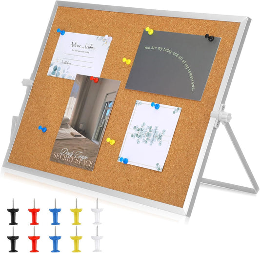 Desktop Cork Board Bulletin Board, Double Sided with Silver Aluminum Border