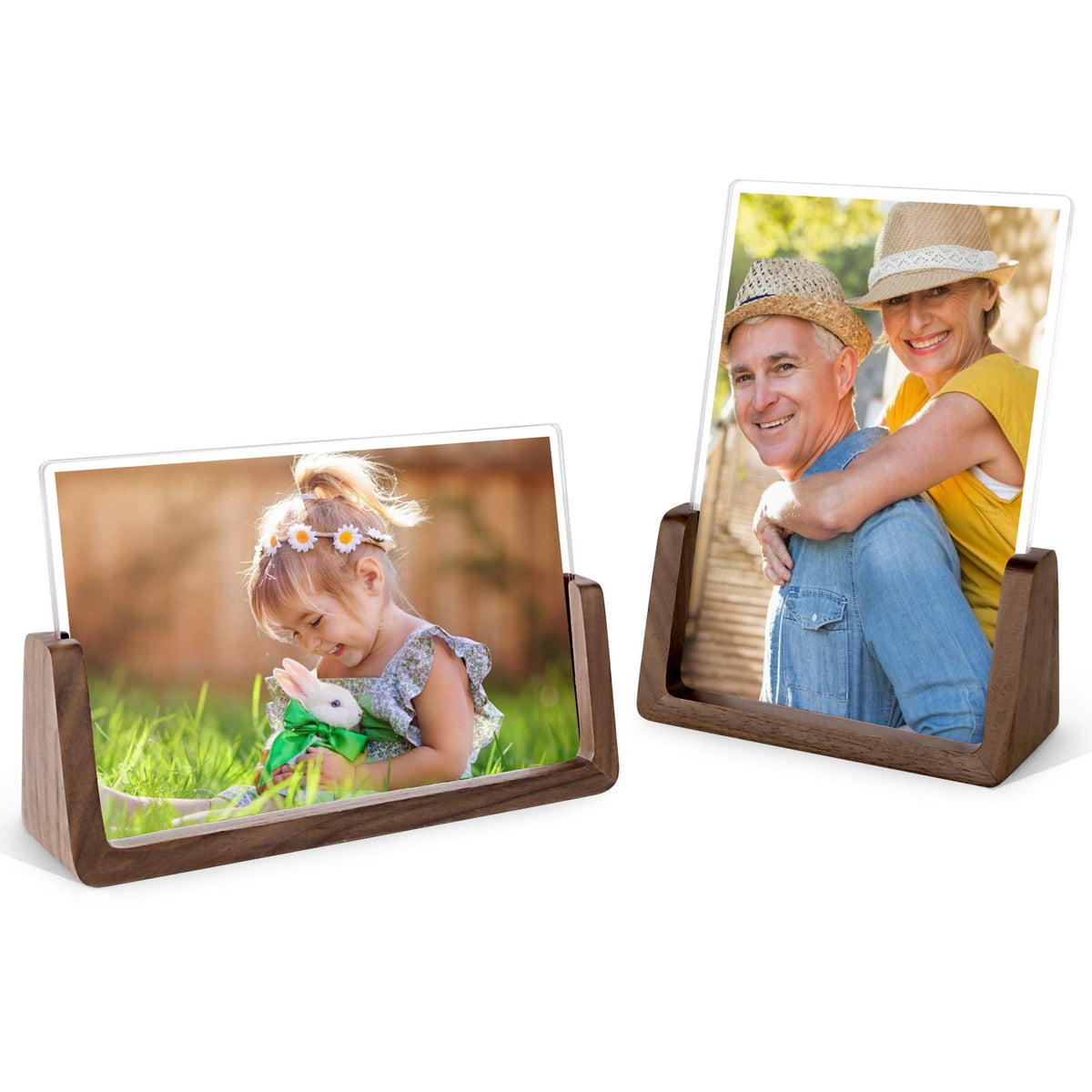 Mixoo 5x7 Picture Frame 2 Pack - Double Rustic Vintage Wooden Picture Frames 5x7 inch with Walnut Wood Base and High Definition Break Free Acrylic Glass Covers for Tabletop Desktop Display ( 5x7" Horizontal + Vertical)