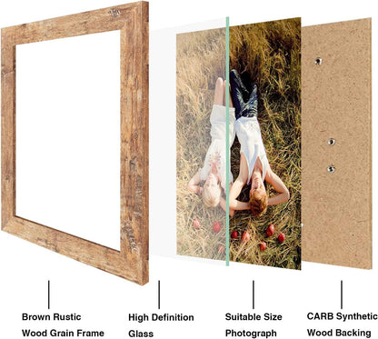 iRahmen 8x10 Picture Frame Set of 4, High Definition Real Glass Rustic Brown Frame, 8 x 10 Wood Photo Frames for Desktop Display and Wall Mounting