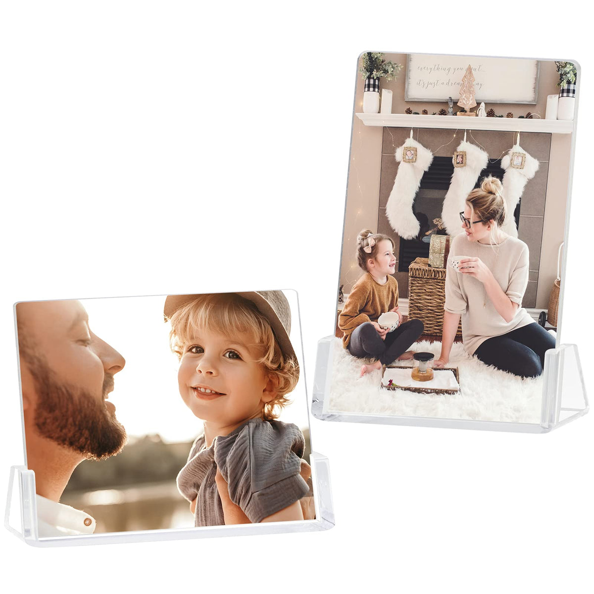 Boxalls 2 Pack Acrylic Picture Frames 4x6 with Translucent Black Base Stand, Frameless Photo Frame for Tabletop or Desktop Display (Horizontal + Vertical)