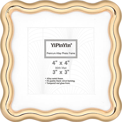 YiPinYin 4x6‘’ Gold Picture Frames Set of 2,High-End Heavy Duty Zinc Alloy Photo Frames with Wave Design,Velvet Backing, Dual Use for Desktop Display & Wall Hanging