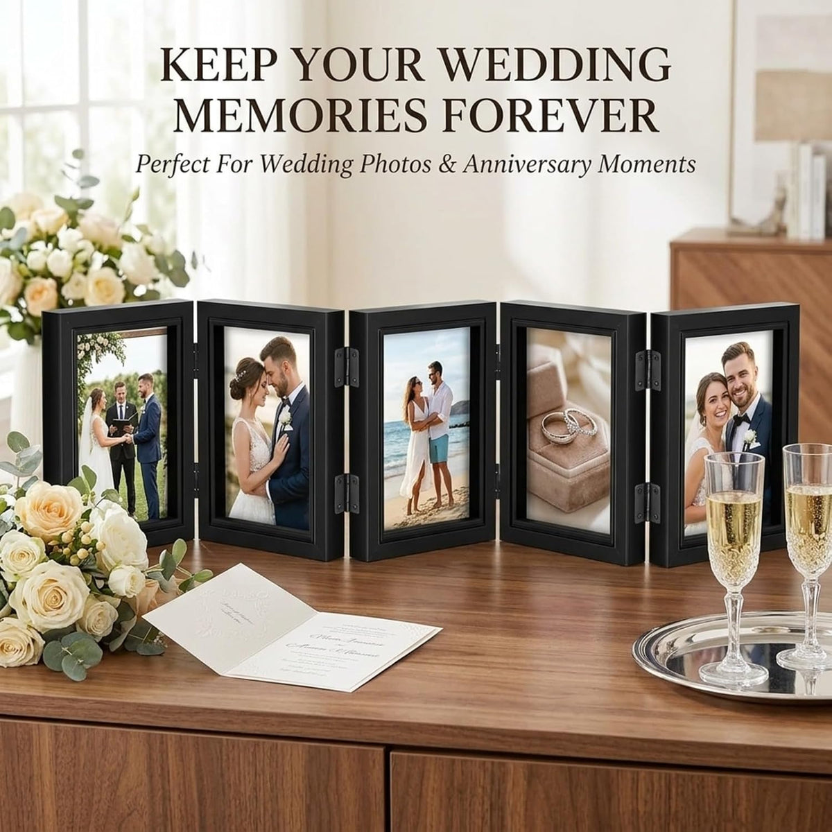 Suzile 5 Folding Hinged Picture Frame Foldable Photo Frame for Family, Collage, Picture, photo, Rustic Desk, Birthday Anniversary, Black(3.5x5inch)