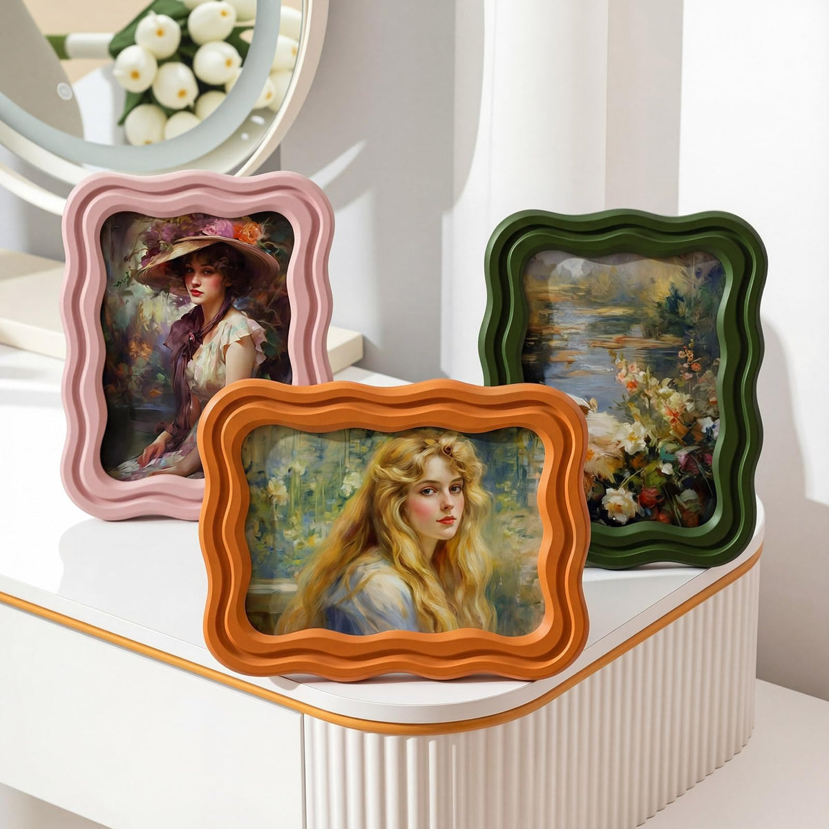 3 Pack 4 x 6 Inch Scalloped Picture Frame with Real Glass, Retro Colors