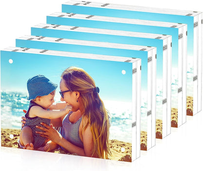 HELPLEX Acrylic Frames, 2 Pack 5x7, 24mm Thicker Frameless Clear Picture Frame, Double Sided Magnetic, Free Standing Desktop Display