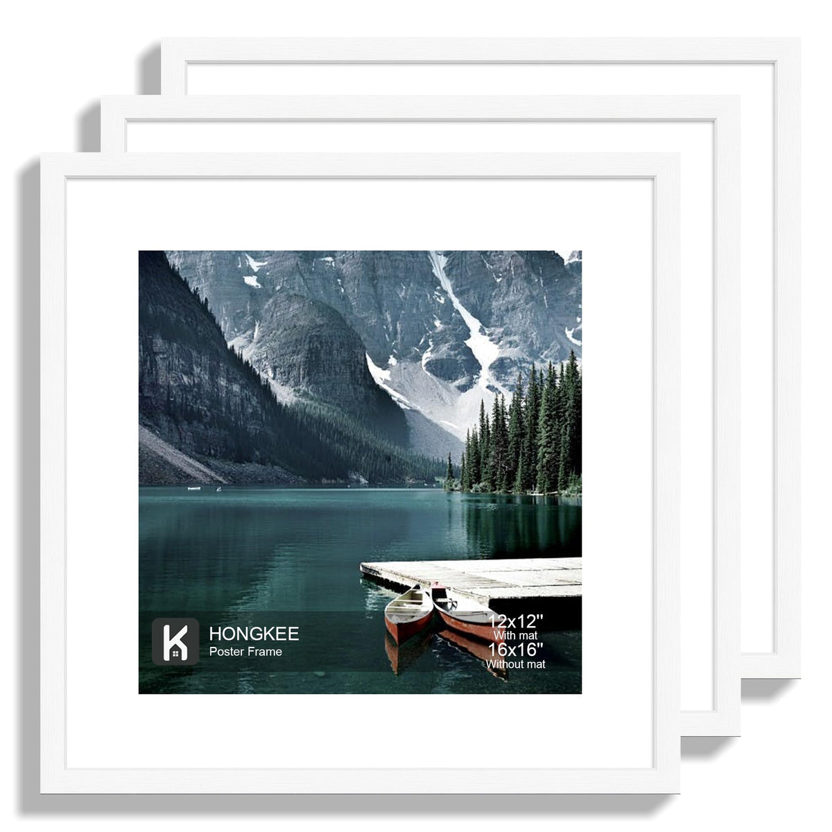 Hongkee 12x12 White Picture Frames Set of 3, Real Glass, Wood Frame,Mat 8x8
