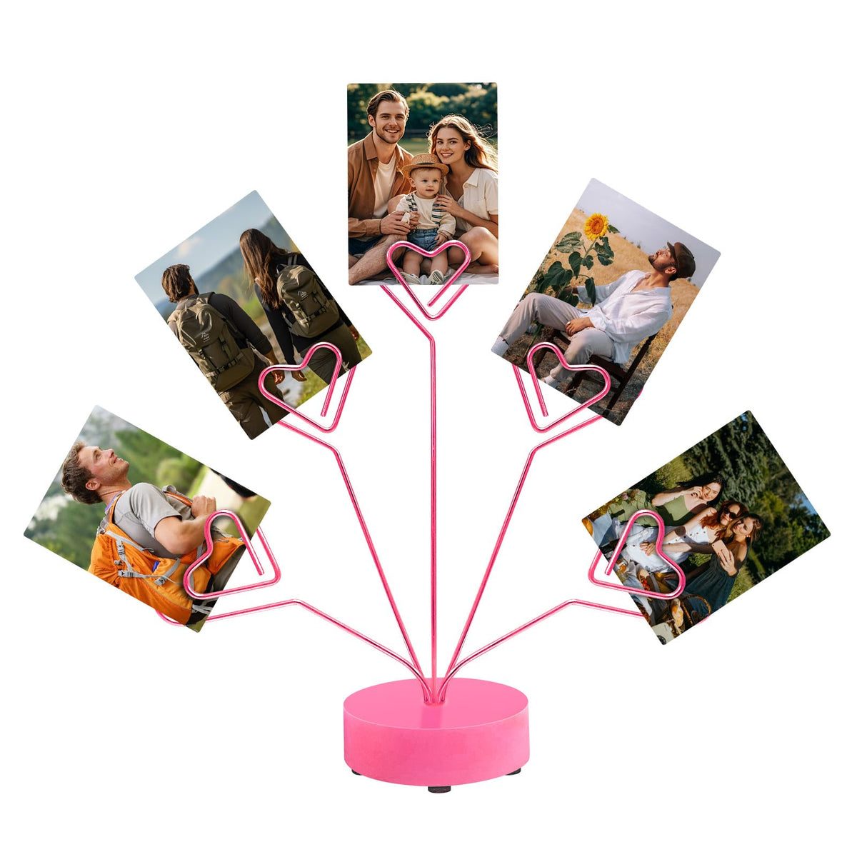 Desktop Heart-Shaped Photo Tree Style Holders Round Base,5-Branch Family Picture Frame Clips Holder Desk Card Display Stand for Christmas,Wedding, Birthday Party,Gift (Golden)