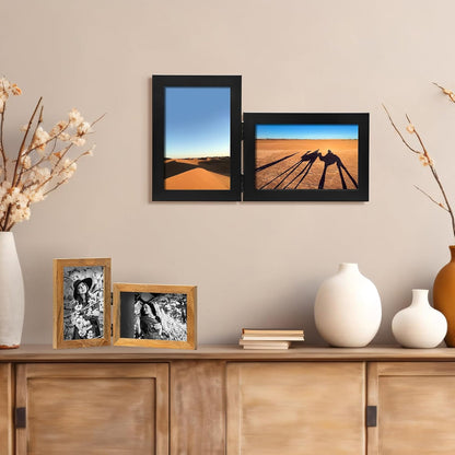 Double 4x6 Hinged Picture Frame Vertical Horizontal Folding Photo Frame Pine Wood with Real Glass, Matted to 3x5, Table Desktop Free-Standing or Wall Art Display, Brown