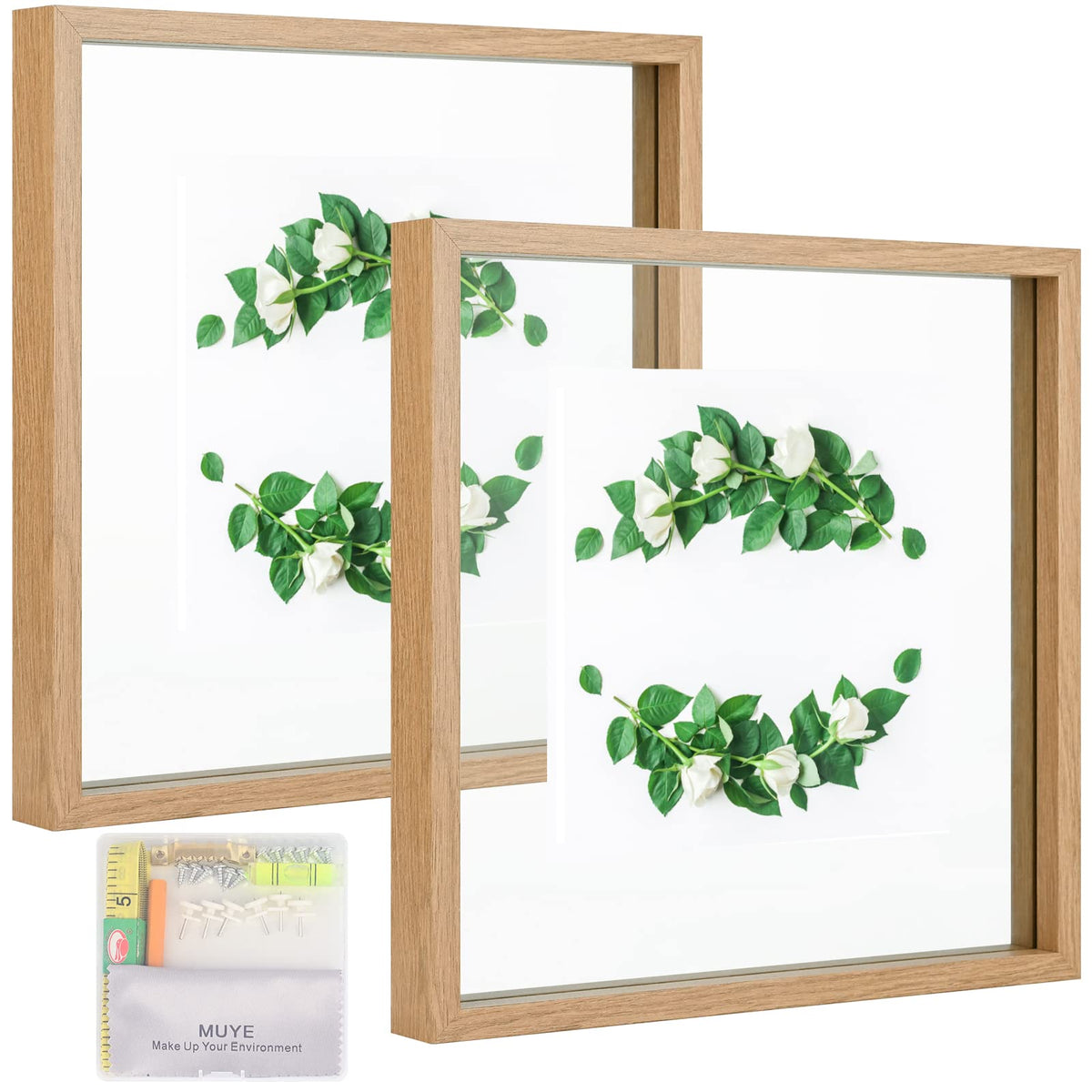 MUYE 5x7 Floating Frame Set of 2,Double Glass Rustic Photo Frame for Wall Hanging or Tabletop Standing,Also Display 4x6 or 3x5 Photo for Floating Effect,Natural