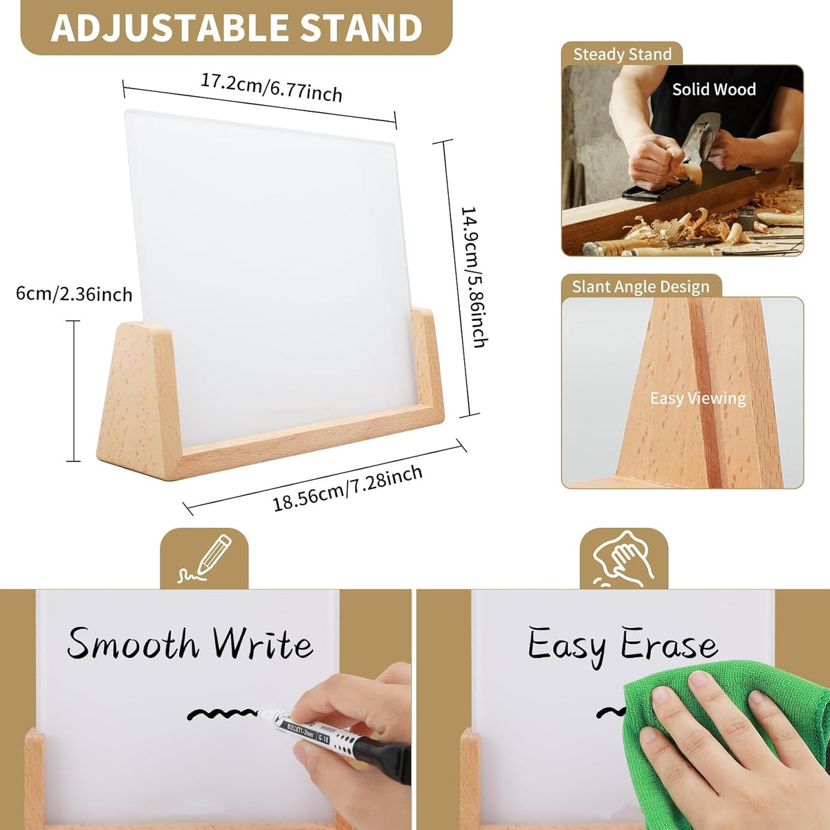 Desktop Glass Whiteboard with Wood Base, Small Whiteboard Glass Dry Erase Board Mini Whiteboard Portable Desk Whiteboard for Home, Office, 6.9x5.86 inch. Accessories Included