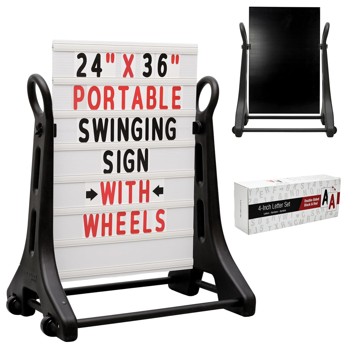 Swinging Changeable Message Sidewalk Sign: 24" x 36" Sign with 792 Pre-Cut Double Sided Letters and Storage Box. Includes Black Board & Letter Board (Black Color Legs)