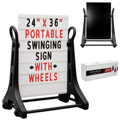 Swinging Changeable Message Sidewalk Sign: 24" x 36" Sign with 792 Pre-Cut Double Sided Letters and Storage Box. Includes Black Board & Letter Board (Black Color Legs)