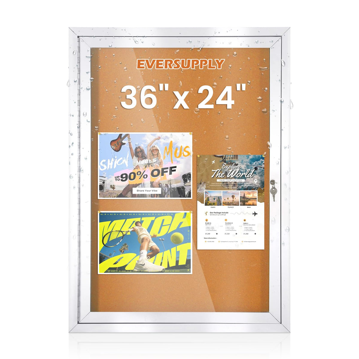 36x24 in Outdoor Bulletin Board Enclosed Display Case, Grey Felt & Black