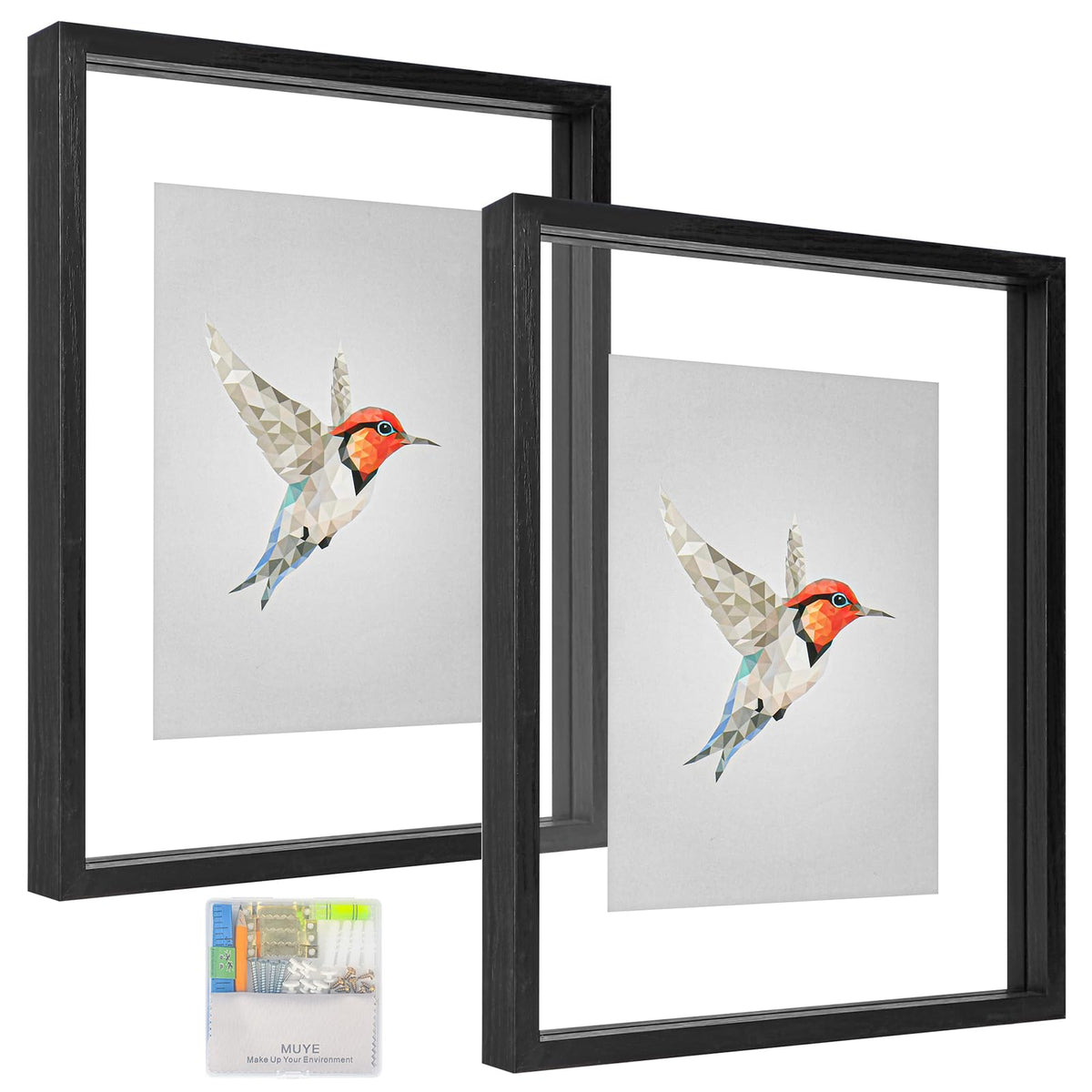 MUYE 5x7 Floating Frame Set of 2,Double Glass Rustic Photo Frame for Wall Hanging or Tabletop Standing,Also Display 4x6 or 3x5 Photo for Floating Effect,Natural