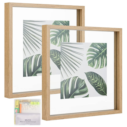 MUYE 5x7 Floating Frame Set of 2,Double Glass Rustic Photo Frame for Wall Hanging or Tabletop Standing,Also Display 4x6 or 3x5 Photo for Floating Effect,Natural