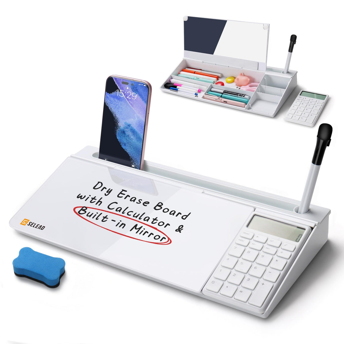 SELEAD Desktop Glass Whiteboard with Calculator & Built-in Mirror, White