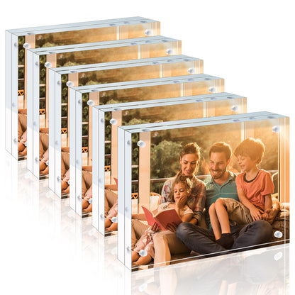 Egofine 4x6 Acrylic Frames 6 Pack, 20mm Thicker Frameless Clear Picture Frames, Double Sided Magnetic Picture Frames, Free Standing Desktop Display