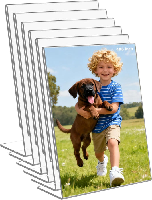 6 Pack 4x6 Inch Clear Acrylic Self Standing Picture Frames,Clear Photo Frame Stand Tabletop Display for Home or Office Décor，Vertical