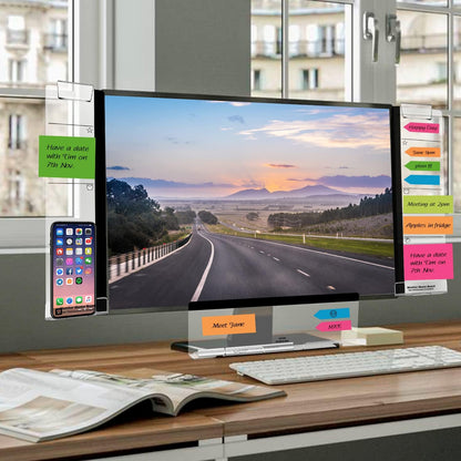 Monitor Memo Boards for Computer, Set of 3 (Left & Right & Bottom) Multifunction Acrylic Screen Message Reminder Pad Side Panels Phone Holder - Utility Organizer for Office Desktop, with Sticky Notes