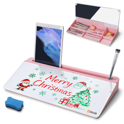 SELEAD Desktop Glass Whiteboard with Calculator & Built-in Mirror, White
