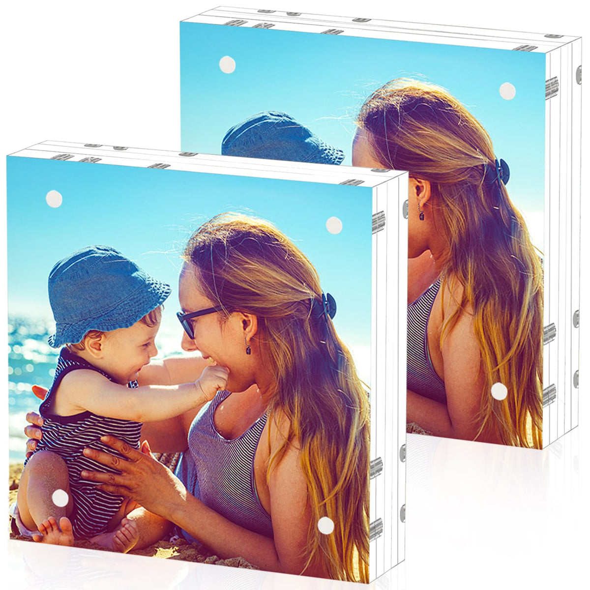 HELPLEX Acrylic Frames, 2 Pack 5x7, 24mm Thicker Frameless Clear Picture Frame, Double Sided Magnetic, Free Standing Desktop Display