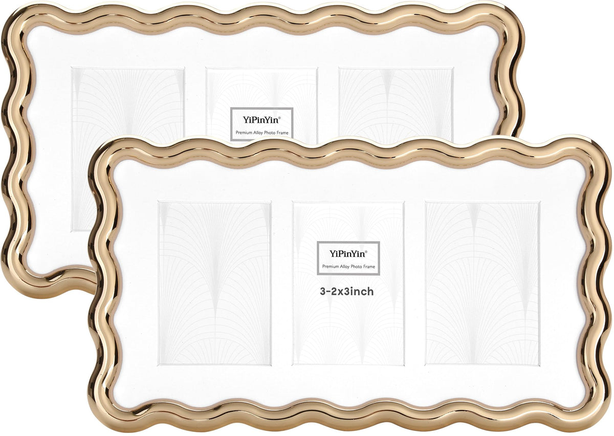 YiPinYin 4x6‘’ Gold Picture Frames Set of 2,High-End Heavy Duty Zinc Alloy Photo Frames with Wave Design,Velvet Backing, Dual Use for Desktop Display & Wall Hanging