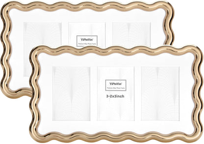 YiPinYin 4x6‘’ Gold Picture Frames Set of 2,High-End Heavy Duty Zinc Alloy Photo Frames with Wave Design,Velvet Backing, Dual Use for Desktop Display & Wall Hanging