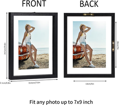 Trwcrt 5x7 Floating Picture Frames Set of 4, Double Glass Photo Frame Display up to 7 x 9 Photos for Desktop or Wall Hanging, Black