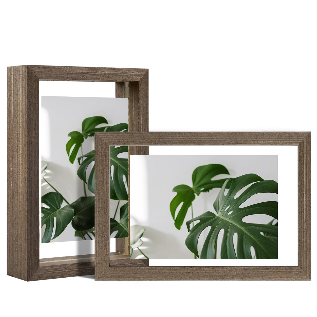 Egofine 5x7 Floating Frames Set of 2, Double Plexiglass Picture Frame, Made of Solid Wood Display Any Size Photo up to 5x7, Wall Mount or Tabletop Standing, Natural Wood