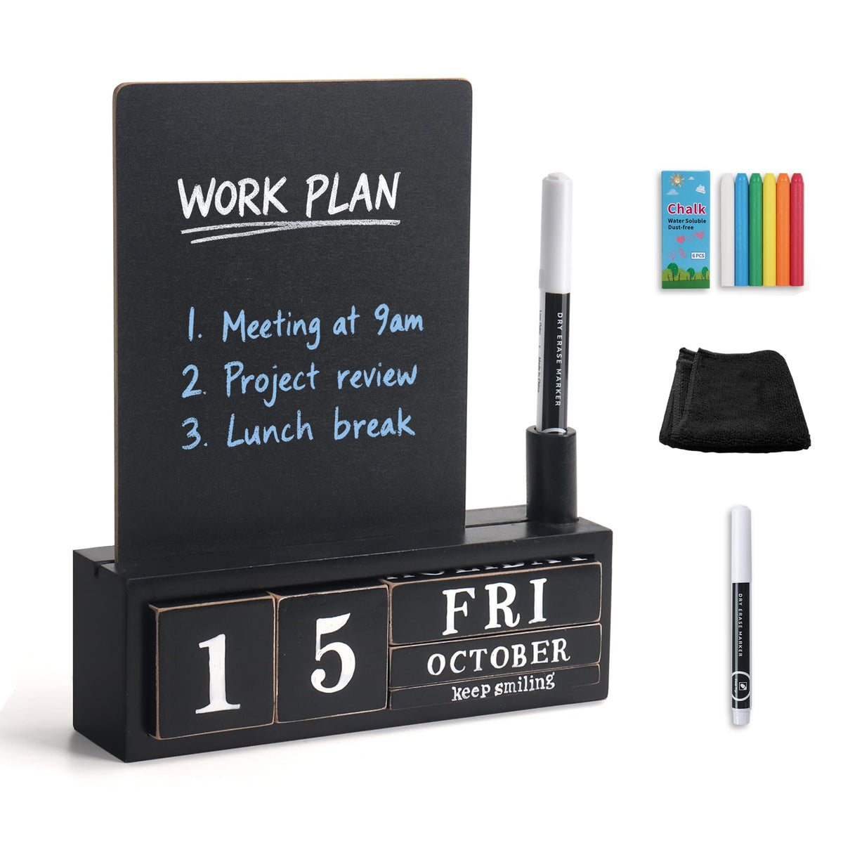 SELEAD Wooden Block Desk Calendar with Dry Erase White Board, Brown
