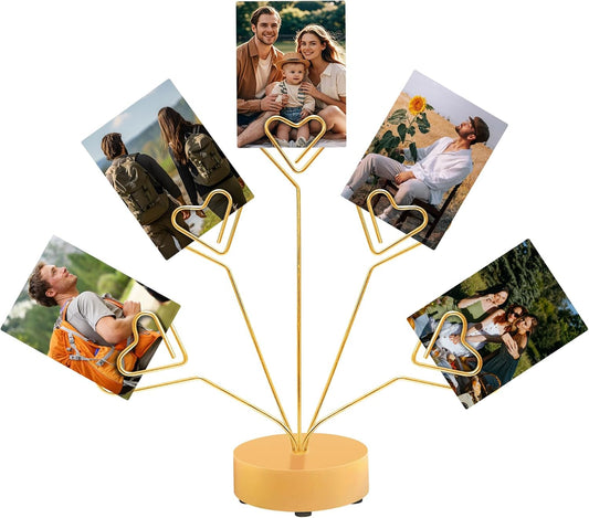 Desktop Heart-Shaped Photo Tree Style Holders Round Base,5-Branch Family Picture Frame Clips Holder Desk Card Display Stand for Christmas,Wedding, Birthday Party,Gift (Golden)