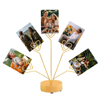 Desktop Heart-Shaped Photo Tree Style Holders Round Base,5-Branch Family Picture Frame Clips Holder Desk Card Display Stand for Christmas,Wedding, Birthday Party,Gift (Golden)