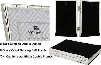 4x6'' Bamboo Detail Double Photo Frames,Silver 6x4'' Double Metal Picture Frames,Elegant Silver Plated Photo Frames 4 x 6'' With Soft Touch Velvet Backing and Real Glass for Desktop and Shelf Decor