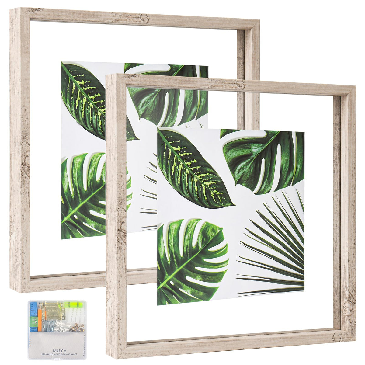 MUYE 5x7 Floating Frame Set of 2,Double Glass Rustic Photo Frame for Wall Hanging or Tabletop Standing,Also Display 4x6 or 3x5 Photo for Floating Effect,Natural