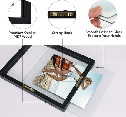 Trwcrt 5x7 Floating Picture Frames Set of 4, Double Glass Photo Frame Display up to 7 x 9 Photos for Desktop or Wall Hanging, Black