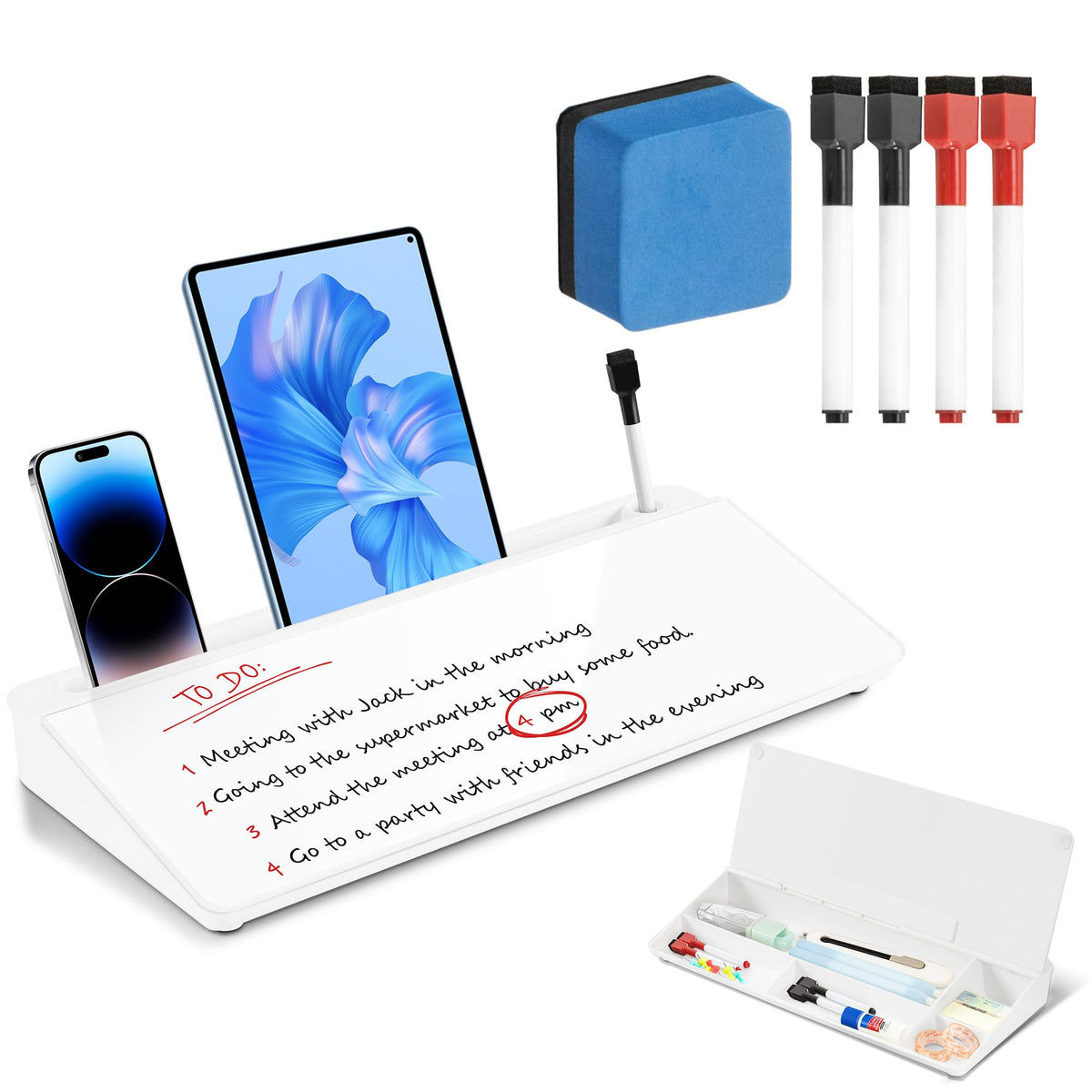 VUSIGN Glass Desktop Dry Erase Whiteboard with Hidden Storage | Sturdy Hinge Design, Scratch-Resistant Glass Surface, 4 High-Visibility Markers | Desk Buddy Organizer for Home Office (White)