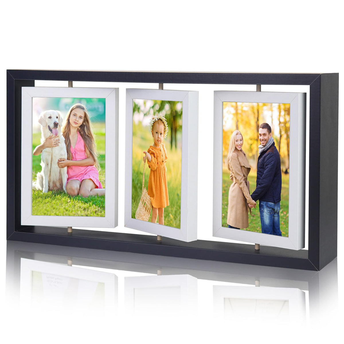 ZEEYUAN 4x6 Rotating Picture Frame Desktop Rustic 4x6in Wooden Photo Frames, Double Side-Display 6 Photos, Floating 4x6 Collage Family PictureFrame for Tabletop Display