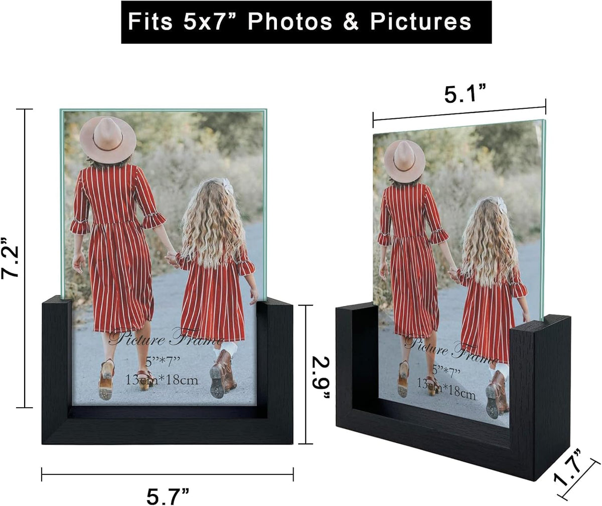 MEBRUDY 5x7 Picture Frame 2 Pack, Black Photo Frames with Tempered Glass Cover and Wooden Base for Tabletop or Desktop Display