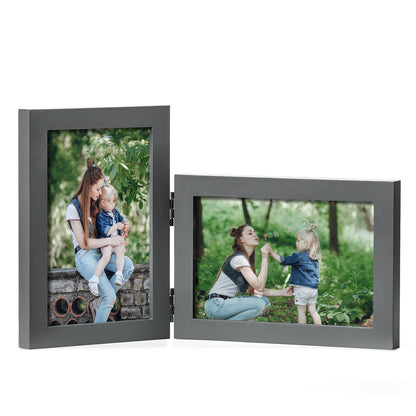 Double 4x6 Hinged Picture Frame Vertical Horizontal Folding Photo Frame Pine Wood with Real Glass, Matted to 3x5, Table Desktop Free-Standing or Wall Art Display, Brown