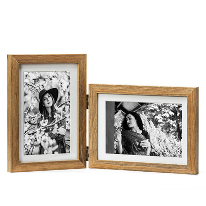 Double 4x6 Hinged Picture Frame Vertical Horizontal Folding Photo Frame Pine Wood with Real Glass, Matted to 3x5, Table Desktop Free-Standing or Wall Art Display, Brown