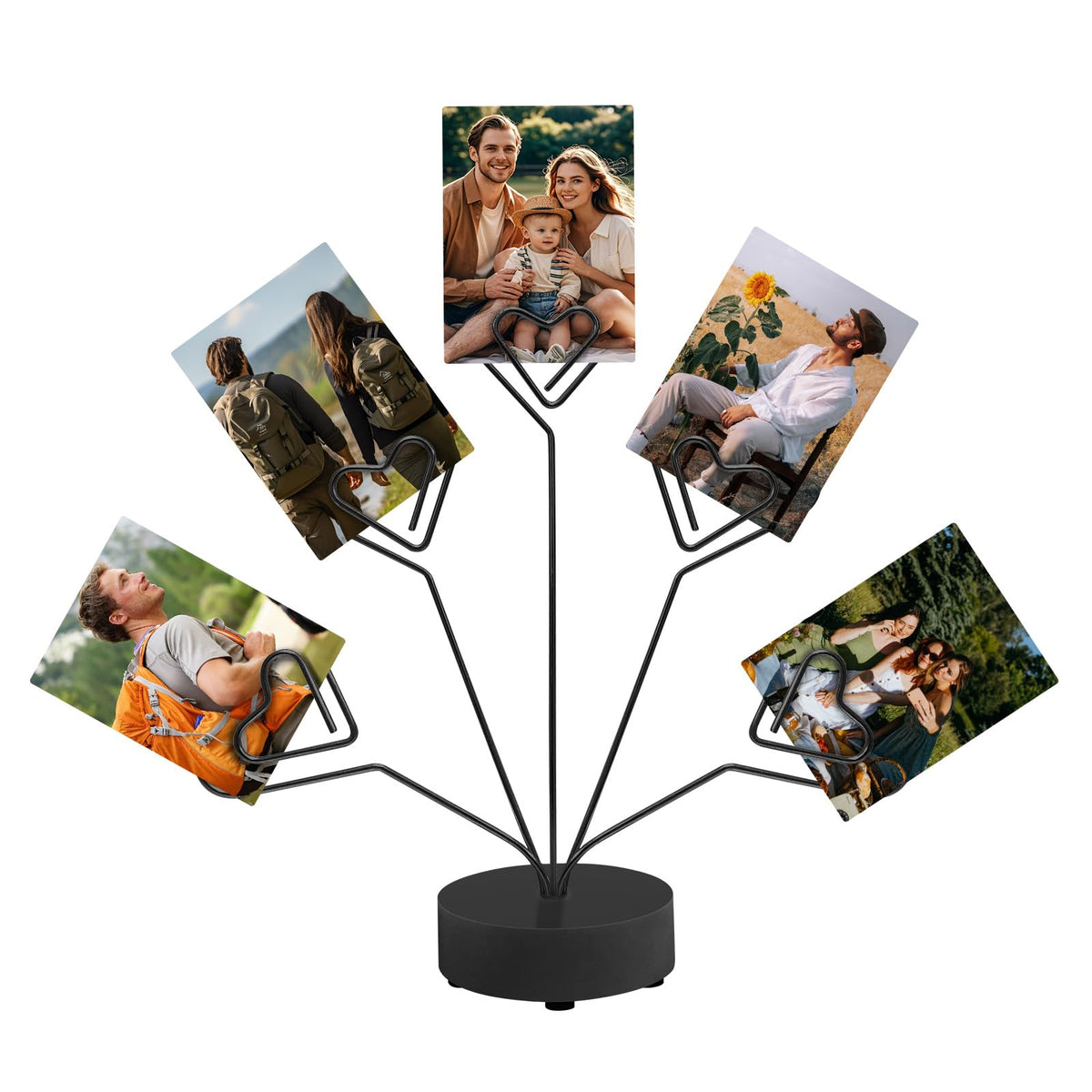 Desktop Heart-Shaped Photo Tree Style Holders Round Base,5-Branch Family Picture Frame Clips Holder Desk Card Display Stand for Christmas,Wedding, Birthday Party,Gift (Golden)