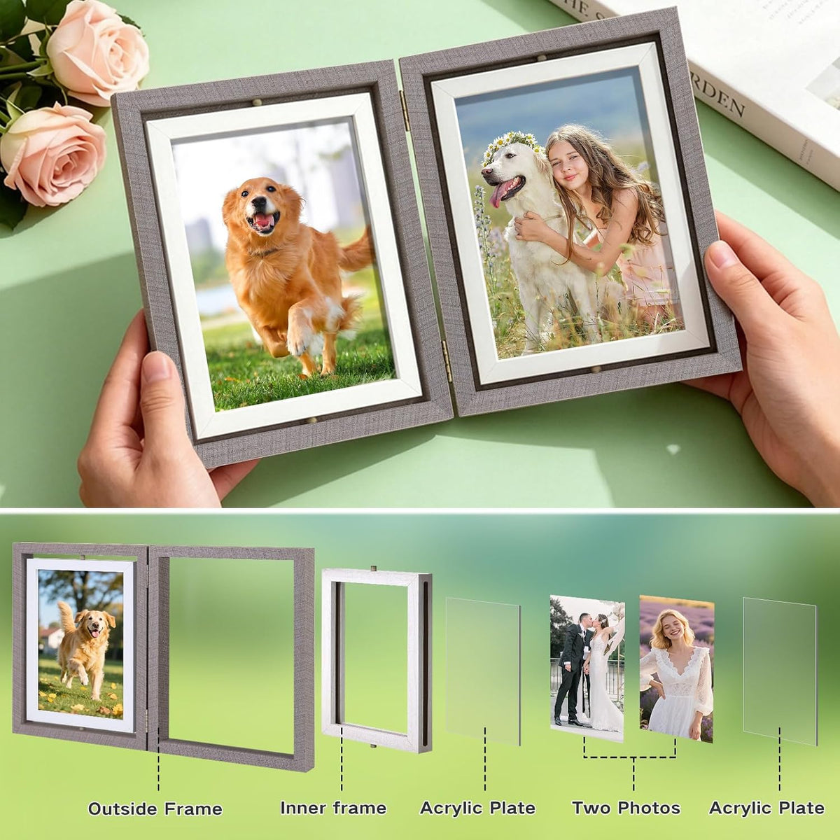 ZEEYUAN 4X6 Desk Rotating Picture Frame Hinges Foldable 4x6 Double Sided Multiple Picture Frame Family Collage Frames Office Desktop, Mothers Day Photo Gifts for Mom Grandma, Friends Graduation Gift